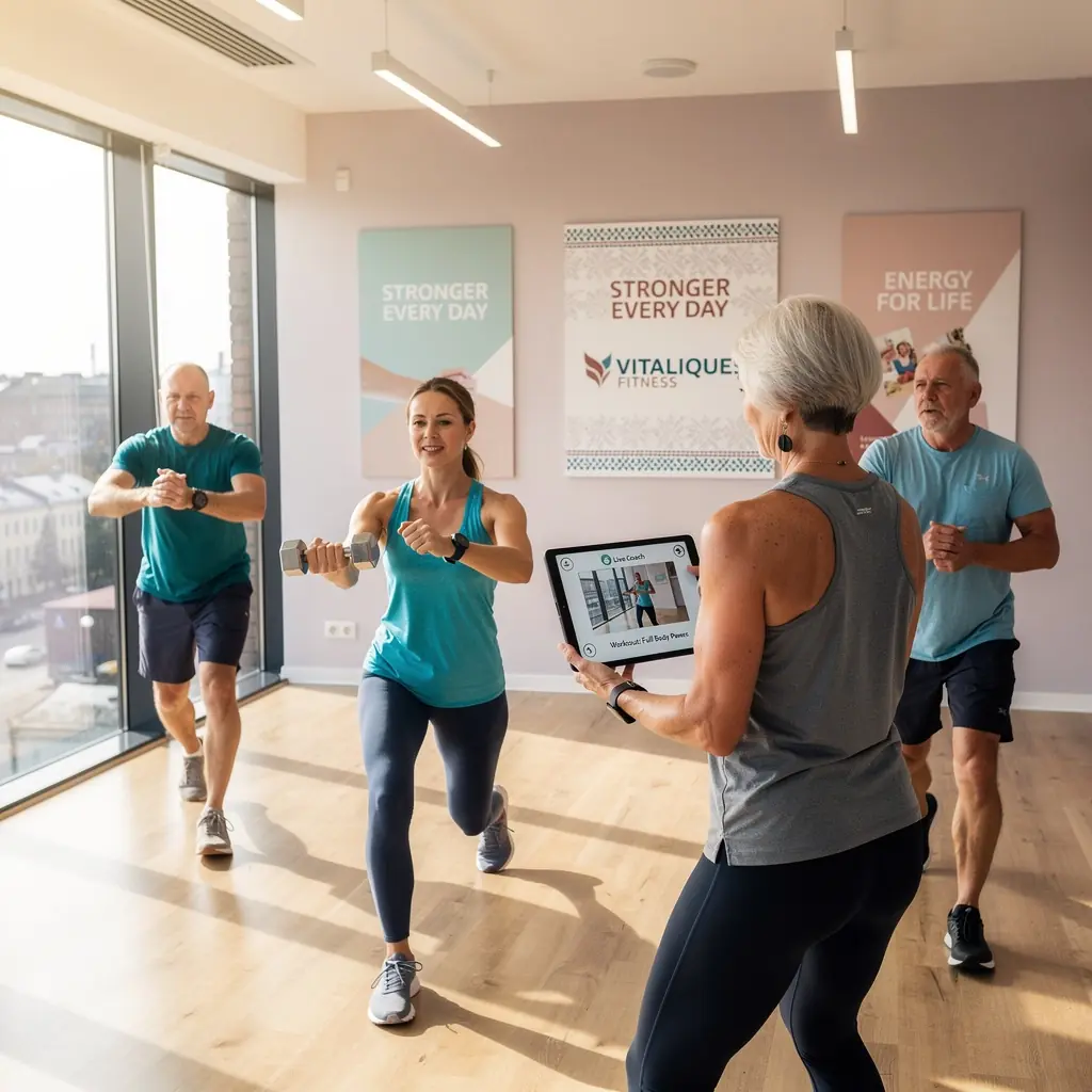 Seniori, kas izmanto digitālās treniņu platformas, lai uzlabotu savu fizisko sagatavotību.