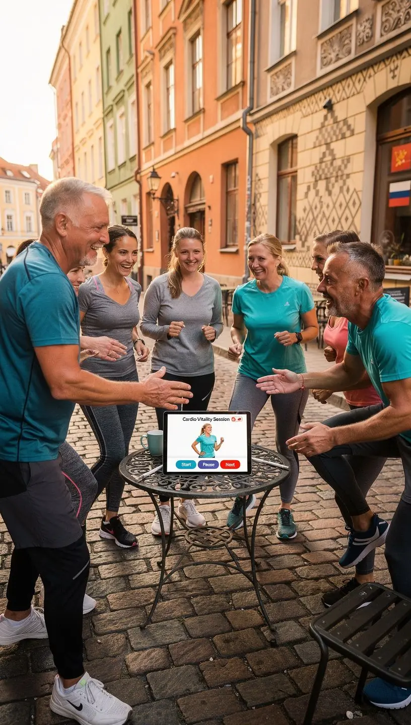 Seniors, kas nodarbojas ar sirds un asinsvadu vingrinājumiem, saglabājot muskuļu tonusu.